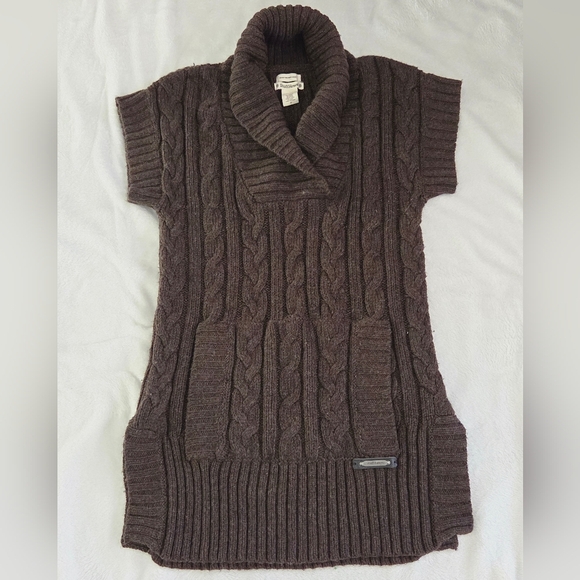 Ruff Hewn Brown Cable Knit Sweater Vest Tunic | Shawl Collar Short Sleeve MEDIUM - Picture 11 of 11